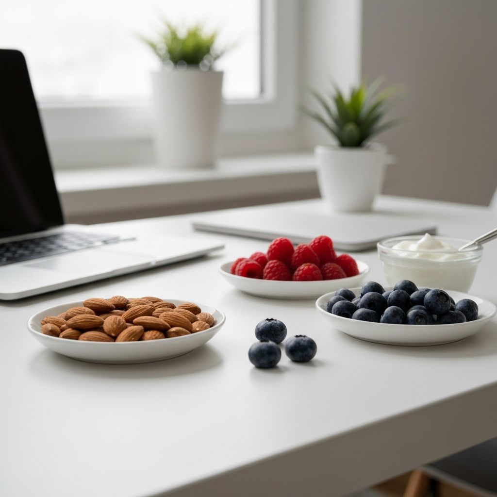 Gesunde Snacks wie Nüsse und Obst auf einem Arbeitsplatz