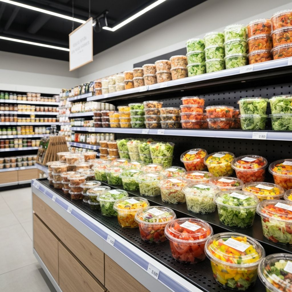 Auswahl frischer Fertiggerichte im modernen Supermarkt